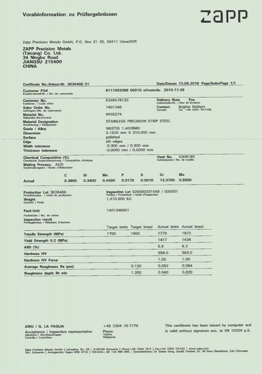 QC report of Germanic ZAPP steel